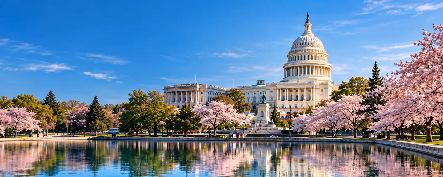 US Capitol surrounded by cherry blossoms above the reflecting pool in Washington DC
