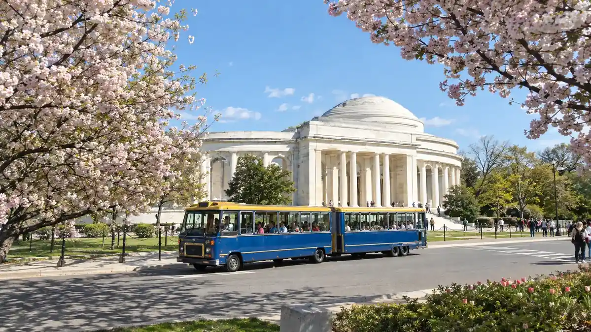 Washington DC hop-on hop-off trolley at the Jefferson Memorial during cherry blossom season