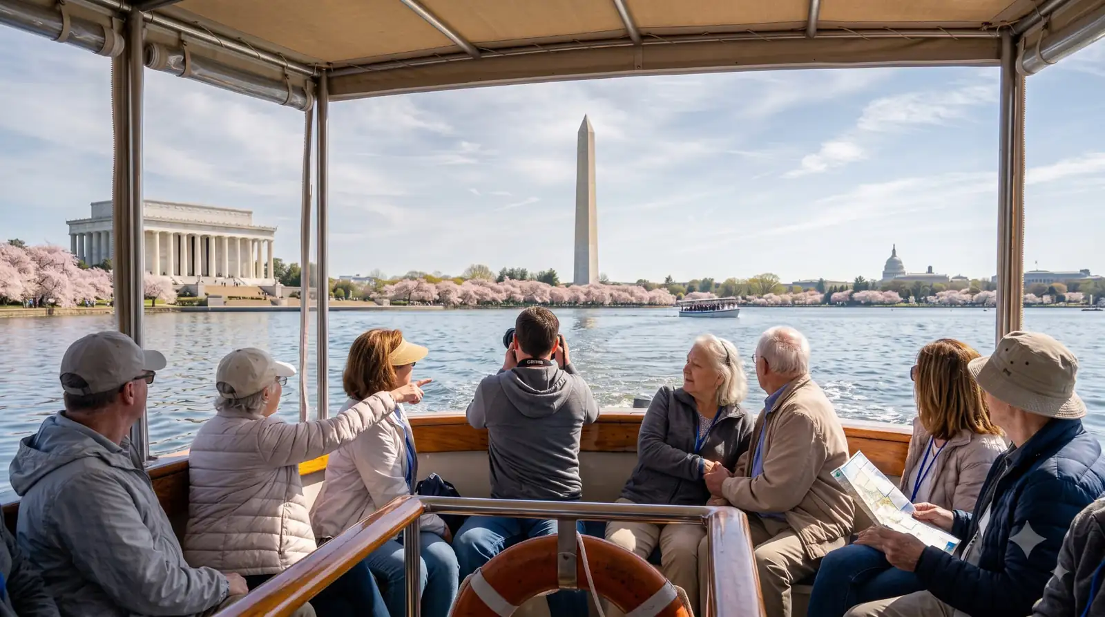 Guests viewing the Washington Monument and National Mall during a Potomac boat cruise
