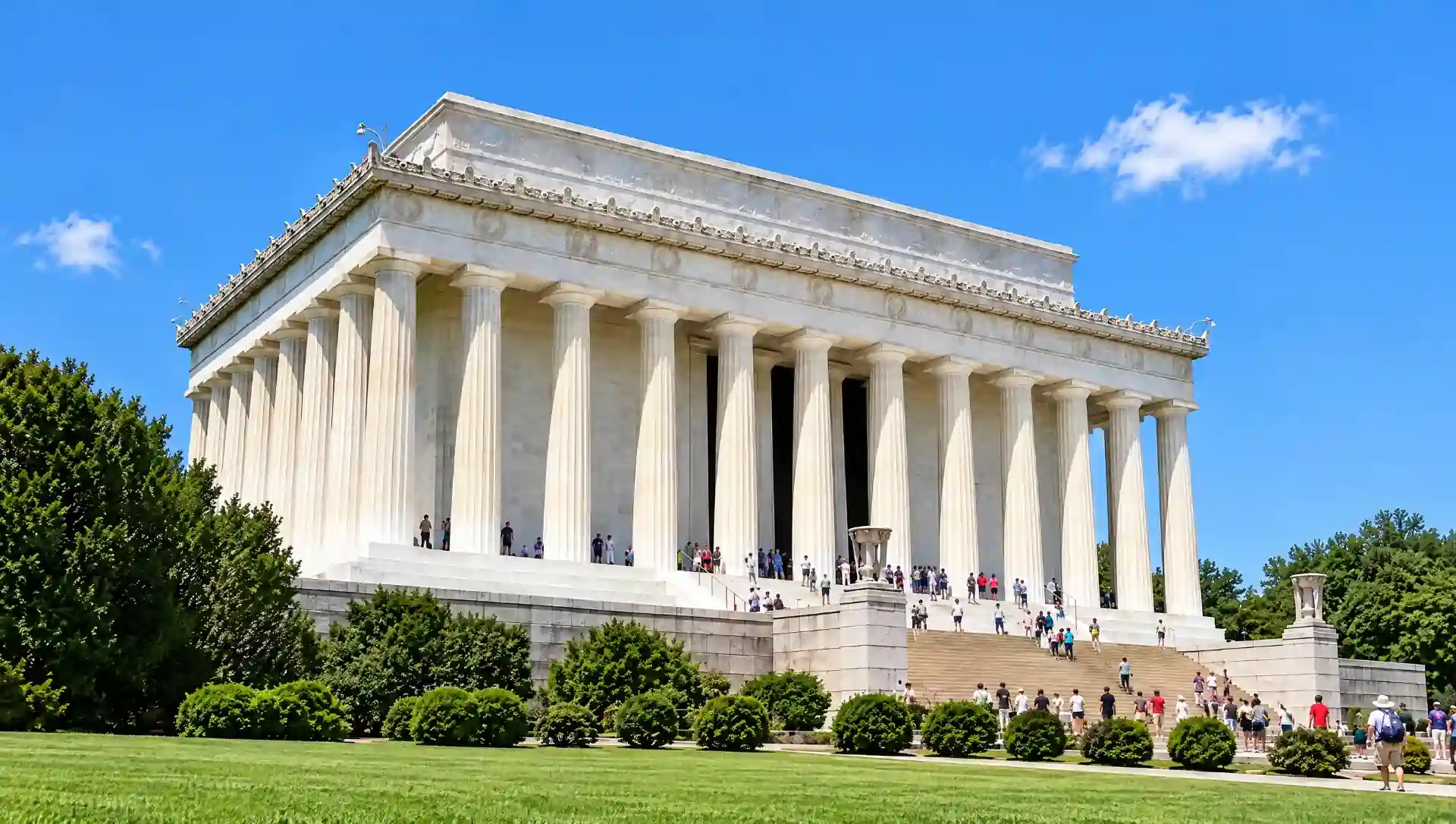 Lincoln Memorial columns and steps with visitors on a sunny Washington DC day